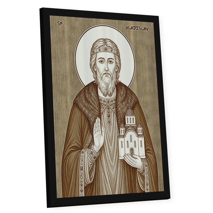 Icoana Sfantul Voievod Vladislav al Serbiei - icoana pirogravata pe lemn de plop cu rama neagra [2]