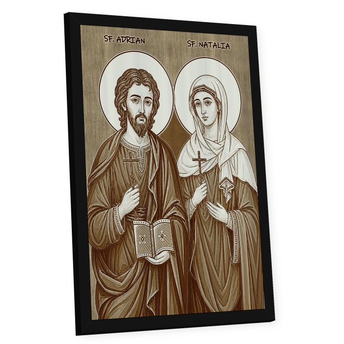 Icoana Sfintii Adrian si Natalia - icoana pirogravata pe lemn de plop cu rama neagra [2]