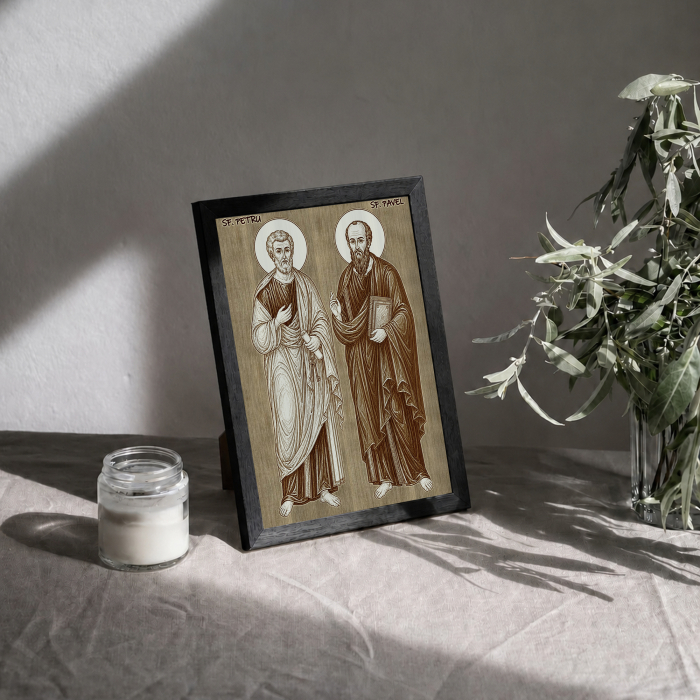 Icoana Sfintii Apostoli Petru si Pavel - icoana pirogravata pe lemn de plop cu rama neagra [3]