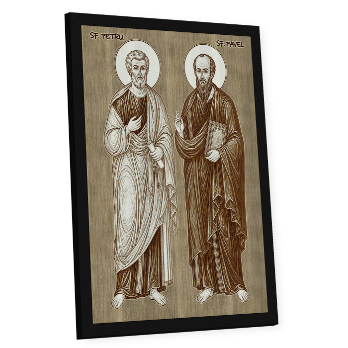 Icoana Sfintii Apostoli Petru si Pavel - icoana pirogravata pe lemn de plop cu rama neagra [2]