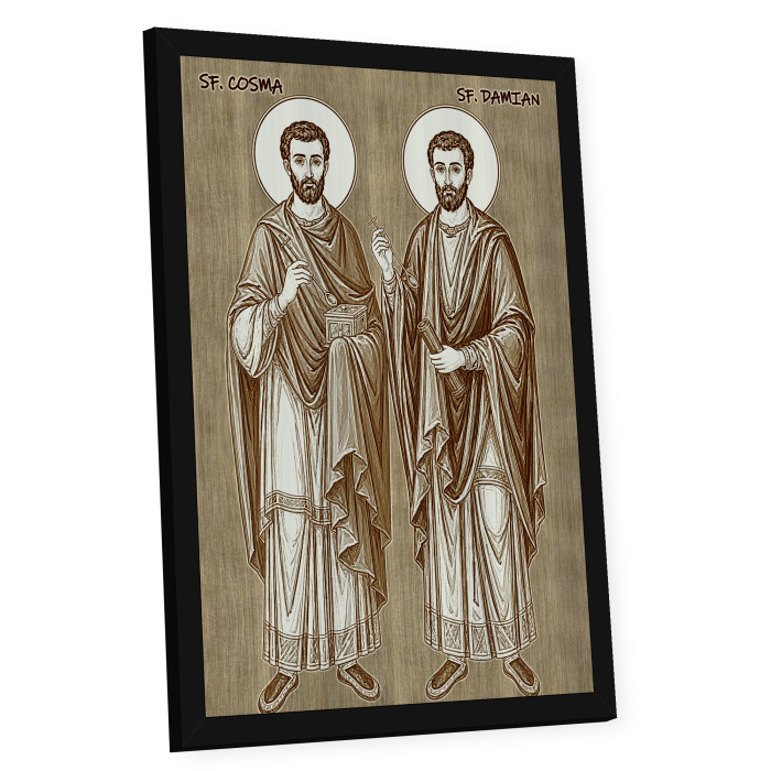 Icoana Sfintii Doctori fara de arginti Cosma si Damian - icoana pirogravata pe lemn de plop cu rama neagra [2]