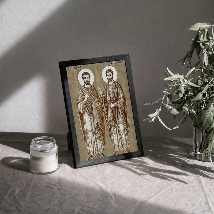 Icoana Sfintii Doctori fara de arginti Cosma si Damian - icoana pirogravata pe lemn de plop cu rama neagra [3]