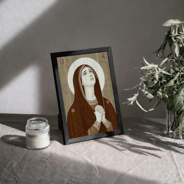 Icoana Tanguirea Maicii Domnului - icoana pirogravata pe lemn de plop cu rama neagra [3]