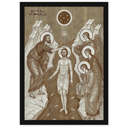 Icoane Iisus Hristos - Icoana Botezul Domnului - icoana pirogravata pe lemn de plop cu rama neagra