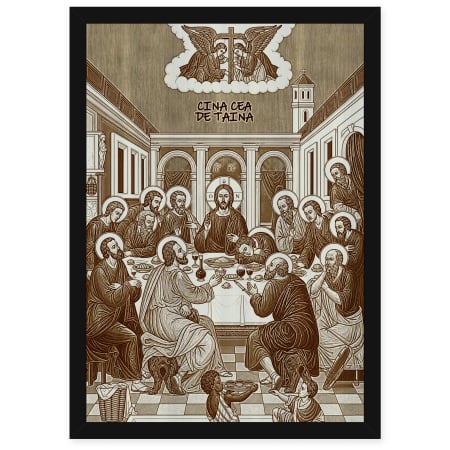 Icoane Iisus Hristos - Icoana Cina cea de Taina - icoana pirogravata pe lemn de plop cu rama neagra