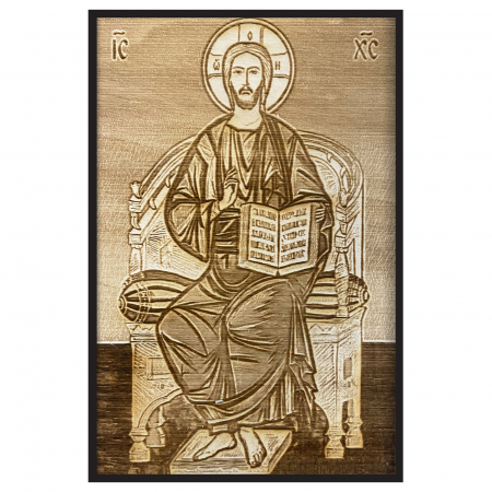 Icoane Iisus Hristos - Icoana Mantuitorului Arhiereu pe Tron Pirogravata in Lemn