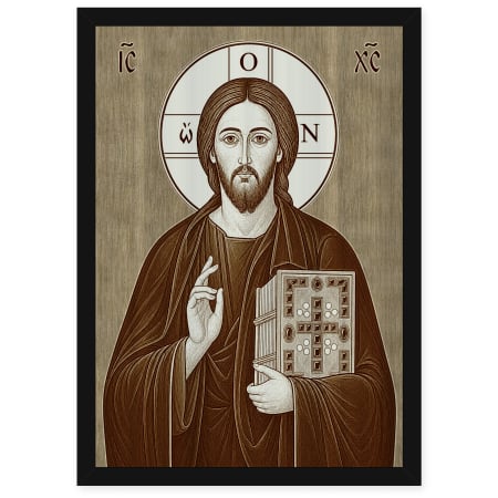 Icoane Iisus Hristos - Icoana Iisus Hristos Pantocrator cu Evanghelia Inchisa - icoana pirogravata pe lemn de plop cu rama neagra