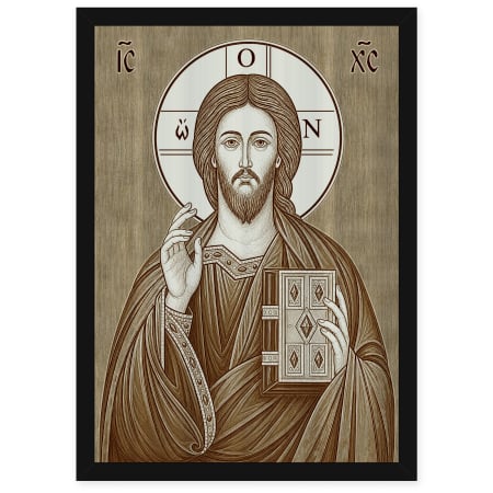 Icoane Iisus Hristos - Icoana Iisus Hristos Pantocrator Portret - icoana pirogravata pe lemn de plop cu rama neagra