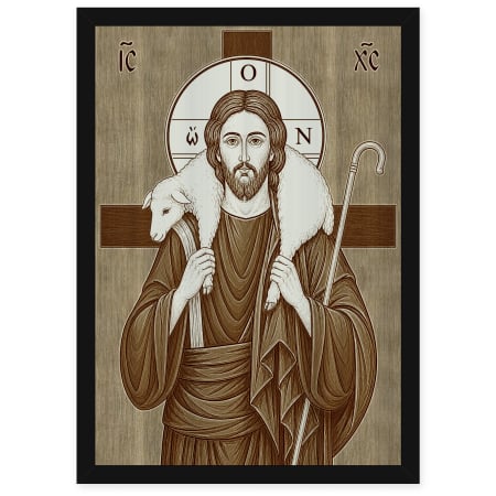 Icoane Iisus Hristos - Icoana Iisus Pastorul cel Bun - icoana pirogravata pe lemn de plop cu rama neagra