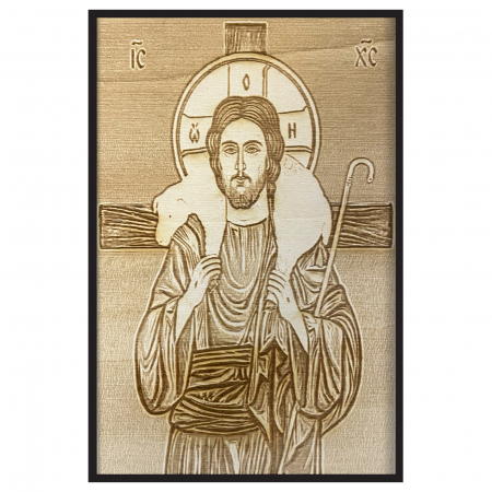 Icoane Iisus Hristos - Icoana Iisus Pastorul Cel Bun Pirogravata in Lemn