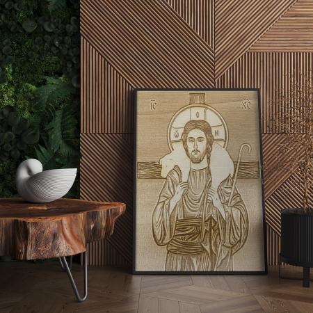 Icoana Iisus Pastorul Cel Bun Pirogravata in Lemn [3]