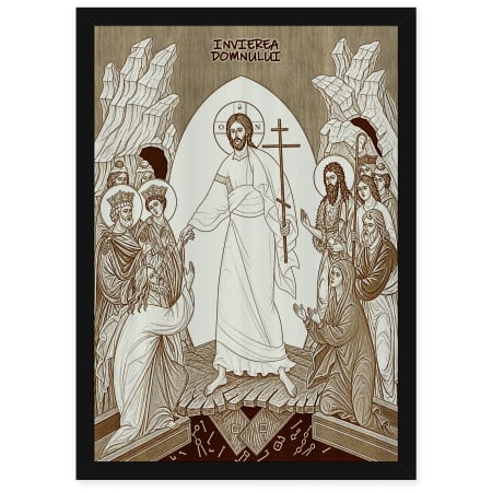 Icoane Iisus Hristos - Icoana Invierea Domnului - icoana pirogravata pe lemn de plop cu rama neagra