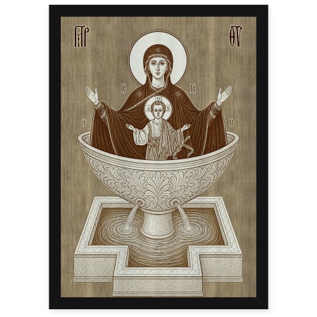 Catalog Icoane - Icoana Izvorul Tamaduirii - icoana pirogravata pe lemn de plop cu rama neagra