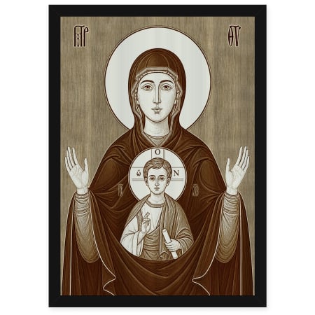 Icoane Maica Domnului - Icoana Maica Domnului a Semnului - icoana pirogravata pe lemn de plop cu rama neagra