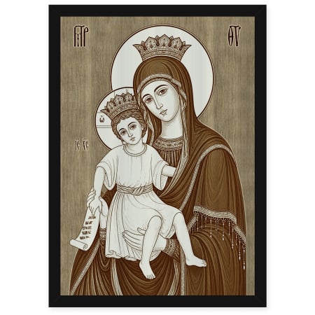 Catalog Icoane - Icoana Maica Domnului Axionita - icoana pirogravata pe lemn de plop cu rama neagra