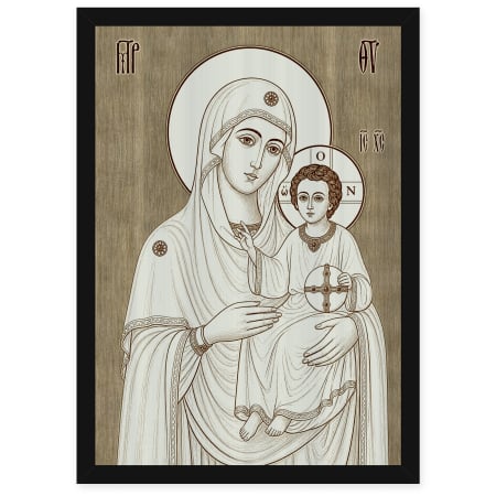 Catalog Icoane - Icoana Maica Domnului din Ierusalim - icoana pirogravata pe lemn de plop cu rama neagra