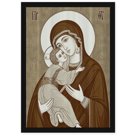 Catalog Icoane - Icoana Maica Domnului Milostiva din Vladimir - icoana pirogravata pe lemn de plop cu rama neagra