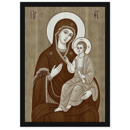 Catalog Icoane - Icoana Maica Domnului Portarita - icoana pirogravata pe lemn de plop cu rama neagra