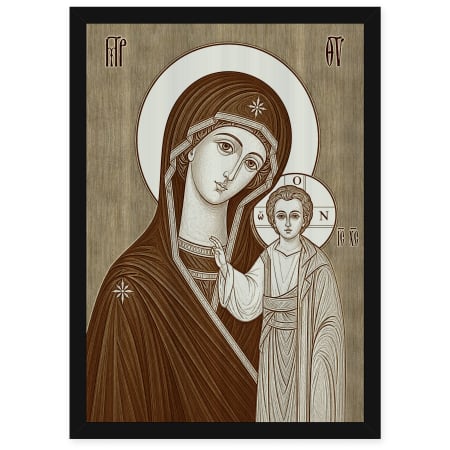 Catalog Icoane - Icoana Maicii Domnului din Kazan - icoana pirogravata pe lemn de plop cu rama neagra