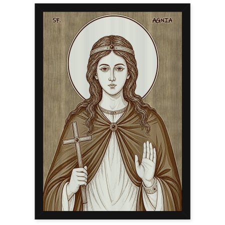 Icoane Sfinti - Icoana Sfanta Agnia - icoana pirogravata pe lemn de plop cu rama neagra