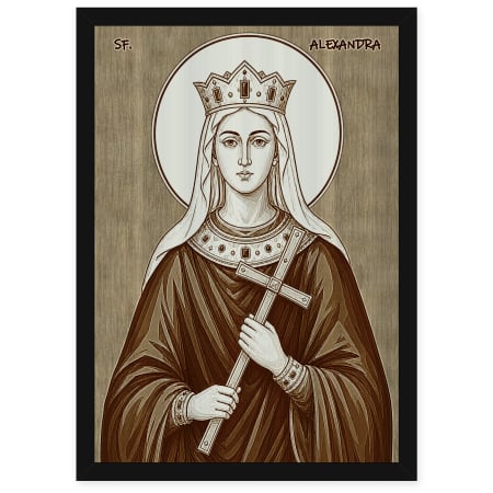 Icoane Sfinti - Icoana Sfanta Alexandra - icoana pirogravata pe lemn de plop cu rama neagra