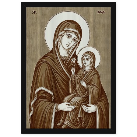 Icoane Sfinti - Icoana Sfanta Ana - icoana pirogravata pe lemn de plop cu rama neagra