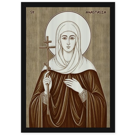 Icoane Sfinti - Icoana Sfanta Anastasia - icoana pirogravata pe lemn de plop cu rama neagra