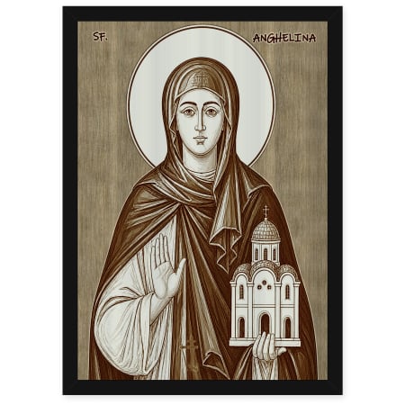 Icoane Sfinti - Icoana Sfanta Anghelina - icoana pirogravata pe lemn de plop cu rama neagra