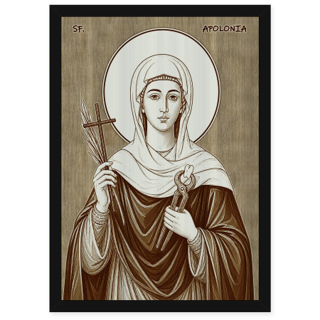 Icoane Sfinti - Icoana Sfanta Apolonia - icoana pirogravata pe lemn de plop cu rama neagra