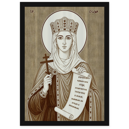 Catalog Icoane - Icoana Sfanta Cneaghina Olga - icoana pirogravata pe lemn de plop cu rama neagra