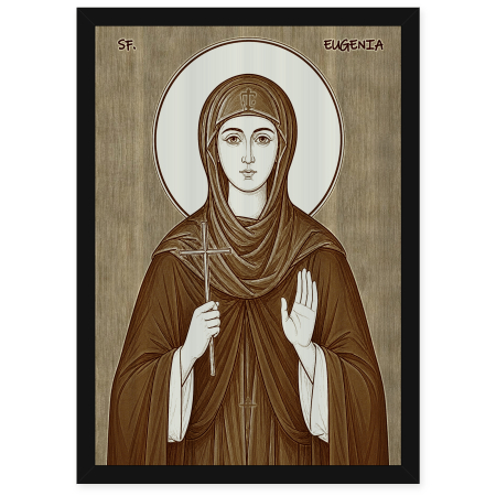 Icoane Sfinti - Icoana Sfanta Cuvioasa Mucenita Eugenia - icoana pirogravata pe lemn de plop cu rama neagra