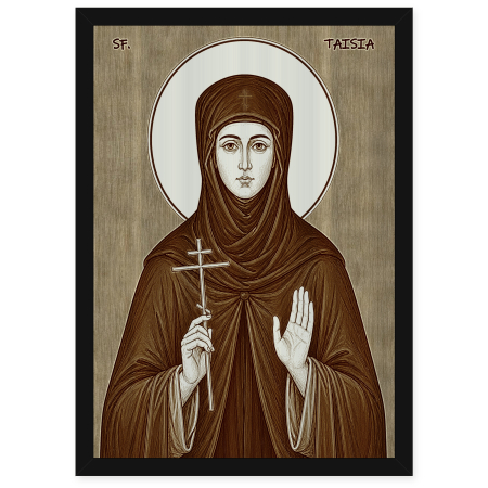 Catalog Icoane - Icoana Sfanta Cuvioasa Taisia - icoana pirogravata pe lemn de plop cu rama neagra