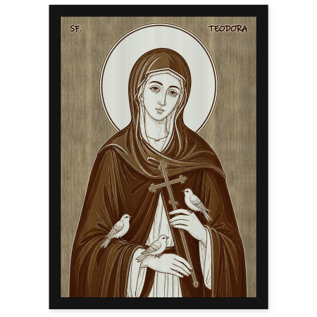 Catalog Icoane - Icoana Sfanta Cuvioasa Teodora de la Sihla - icoana pirogravata pe lemn de plop cu rama neagra