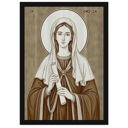 Icoane Sfinti - Icoana Sfanta Emilia - icoana pirogravata pe lemn de plop cu rama neagra