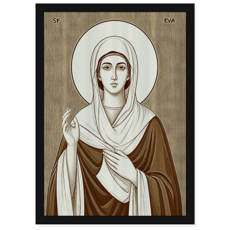 Icoane Sfinti - Icoana Sfanta Eva - icoana pirogravata pe lemn de plop cu rama neagra