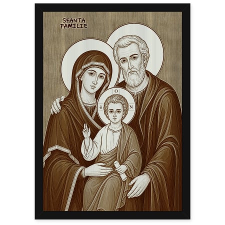 Icoane Iisus Hristos - Icoana Sfanta Familie - icoana pirogravata pe lemn de plop cu rama neagra