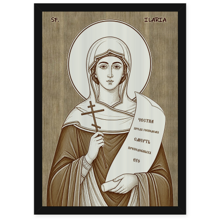 Icoane Sfinti - Icoana Sfanta Ilaria - icoana pirogravata pe lemn de plop cu rama neagra