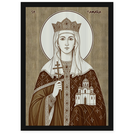 Catalog Icoane - Icoana Sfanta Imparateasa Tamara a Georgiei - icoana pirogravata pe lemn de plop cu rama neagra