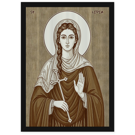  Icoane Sfinti - Icoana Sfanta Lidia din Filipi - icoana pirogravata pe lemn de plop cu rama neagra
