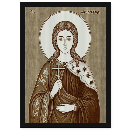 Icoane Sfinti - Icoana Sfanta Mare Mucenita Hristina - icoana pirogravata pe lemn de plop cu rama neagra