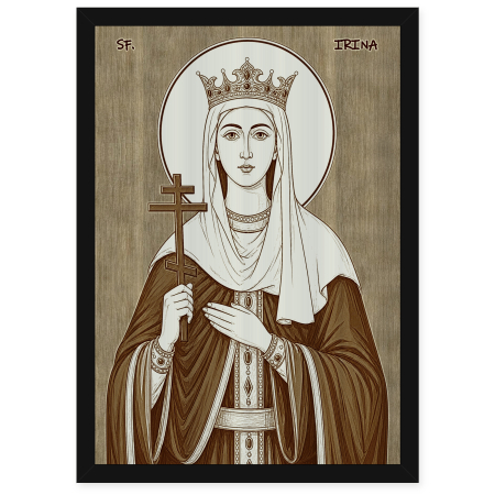  Icoane Sfinti - Icoana Sfanta Mare Mucenita Irina - icoana pirogravata pe lemn de plop cu rama neagra