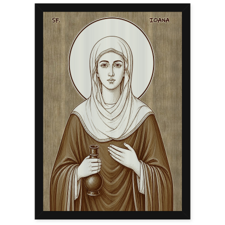  Icoane Sfinti - Icoana Sfanta Mironosita Ioana - icoana pirogravata pe lemn de plop cu rama neagra