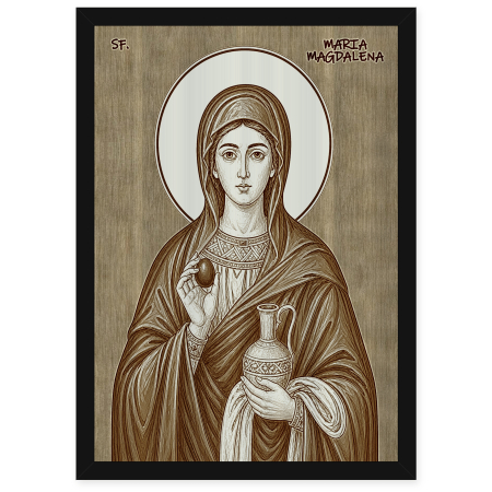  Icoane Sfinti - Icoana Sfanta Mironosita Maria Magdalena - icoana pirogravata pe lemn de plop cu rama neagra