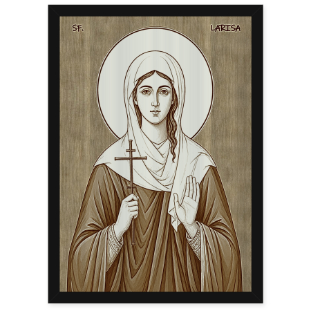  Icoane Sfinti - Icoana Sfanta Mucenita Larisa - icoana pirogravata pe lemn de plop cu rama neagra