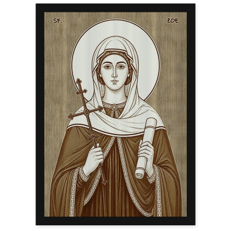 Catalog Icoane - Icoana Sfanta Mucenita Zoe - icoana pirogravata pe lemn de plop cu rama neagra