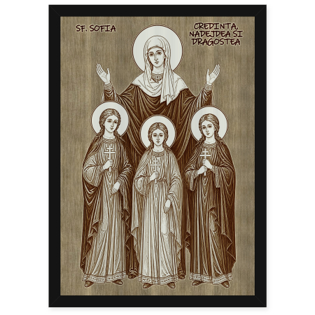 Catalog Icoane - Icoana Sfanta Sofia si fiicele sale: Credinta, Nadejdea si Dragostea - icoana pirogravata pe lemn de plop cu rama neagra