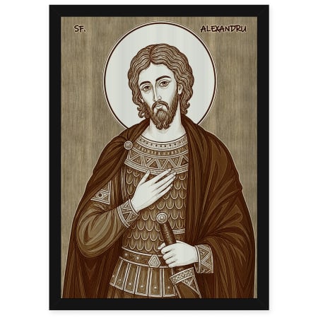 Icoane Sfinti - Icoana Sfantul Alexandru - icoana pirogravata pe lemn de plop cu rama neagra