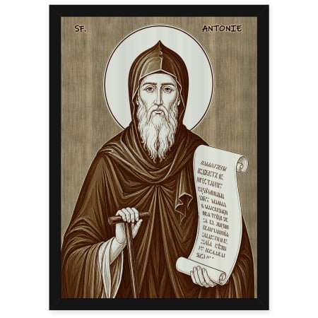 Icoane Sfinti - Icoana Sfantul Antonie cel Mare - icoana pirogravata pe lemn de plop cu rama neagra