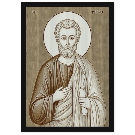 Catalog Icoane - Icoana Sfantul Apostol Petru - icoana pirogravata pe lemn de plop cu rama neagra