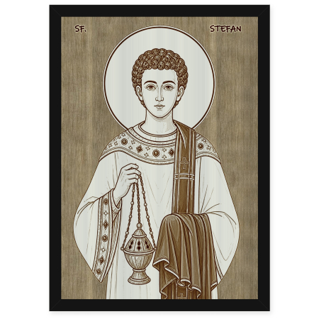 Catalog Icoane - Icoana Sfantul Apostol si Arhidiacon Stefan, Intaiul Mucenic - icoana pirogravata pe lemn de plop cu rama neagra